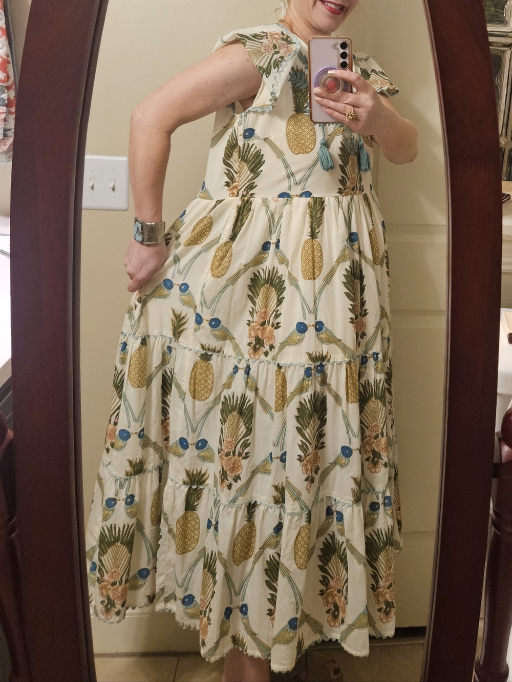Uncle Frank Birds of Paradise Maxi Dress S | Tropical Boho Tiered Cotton Tassel - Picture 4 of 13